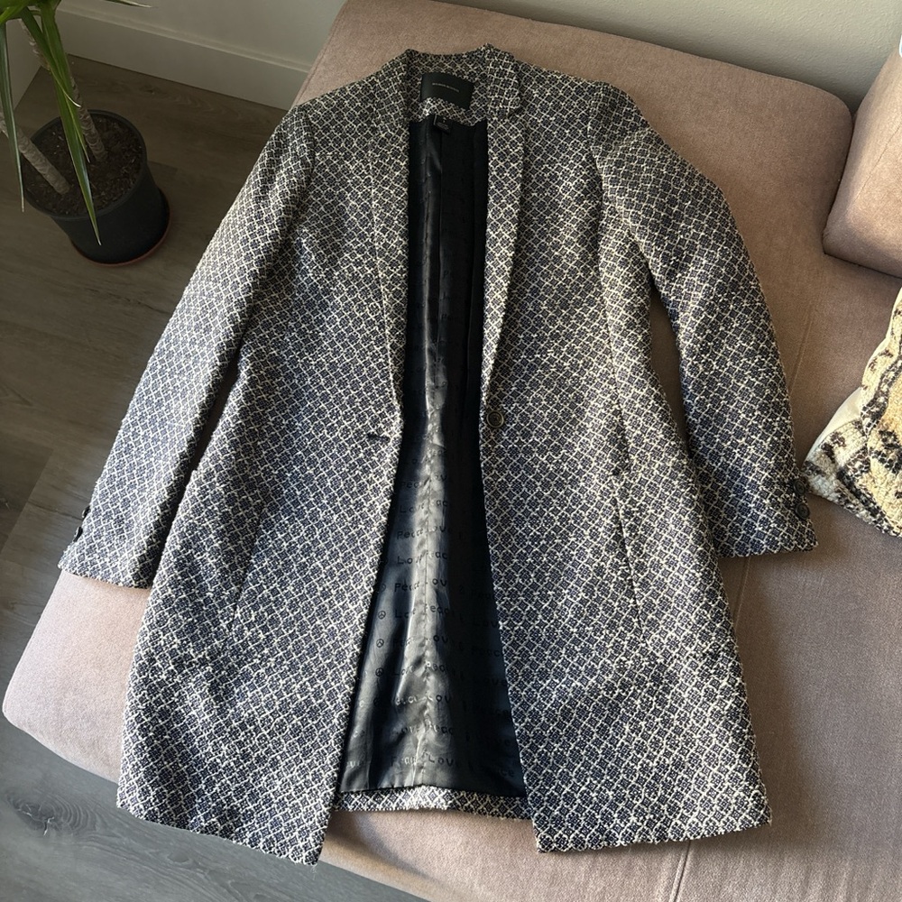 Scotch & Soda Blue and White Patterned Long Trench Coat